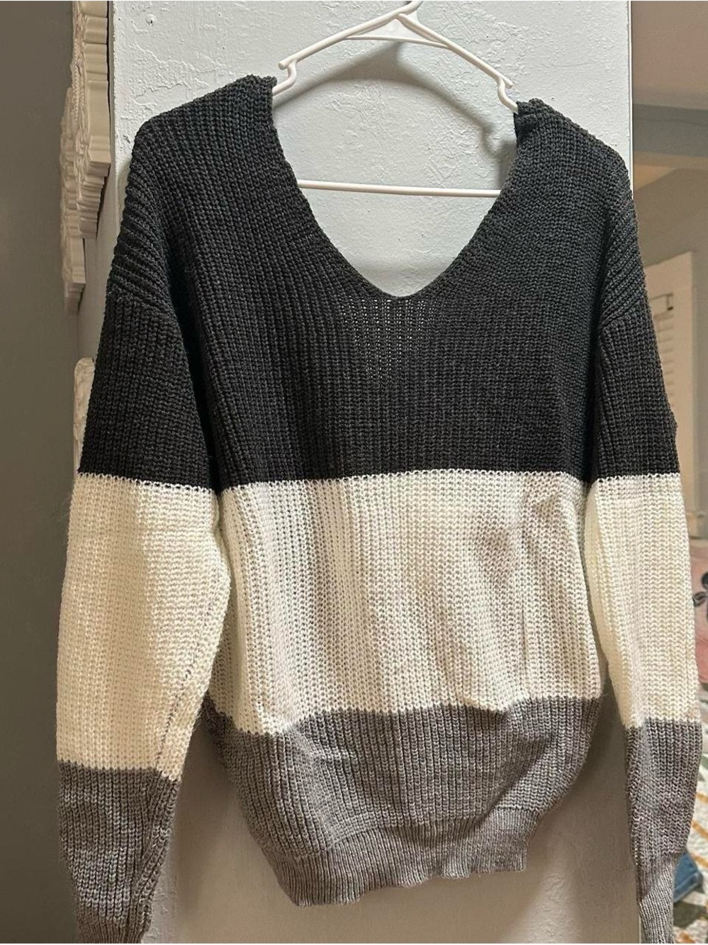 Colorblock V-Neck Sweater in Black, Cream & Gray
